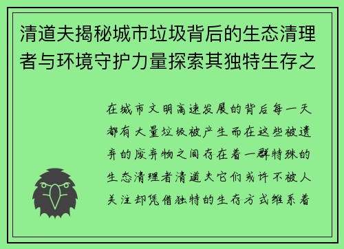 清道夫揭秘城市垃圾背后的生态清理者与环境守护力量探索其独特生存之道 清道夫揭秘城市垃圾背后的生态清理者与环境守护力量探索其独特生存之道